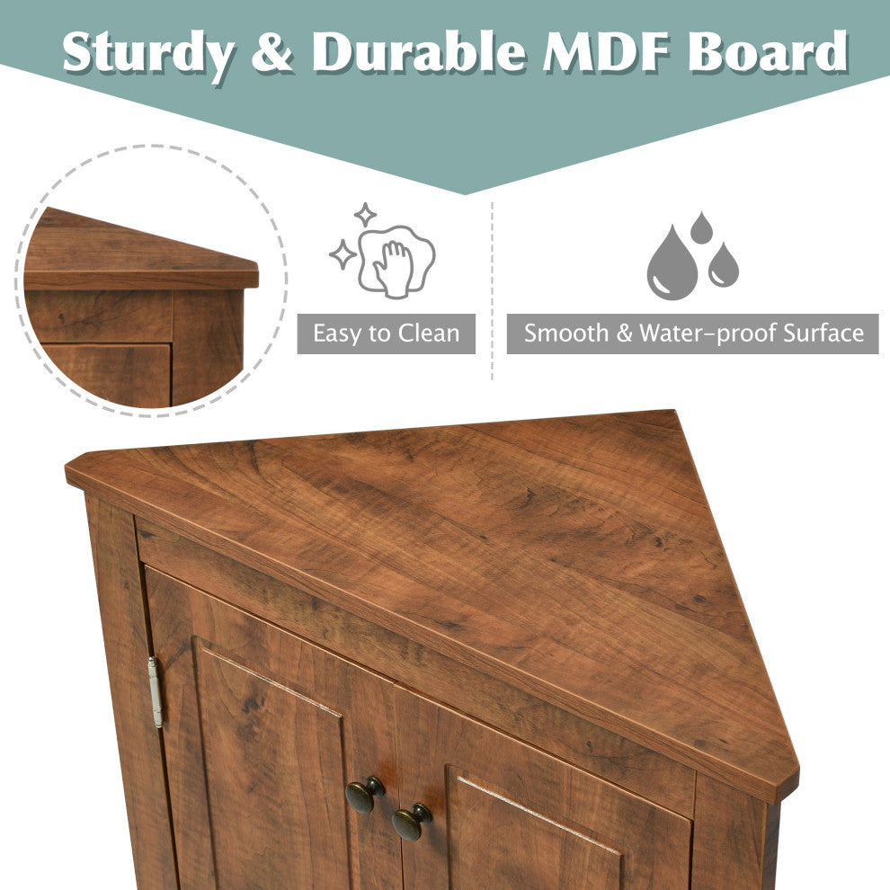 32" Wood 2-door Bath Corner Cabinet, Adjustable Shelves, Brown