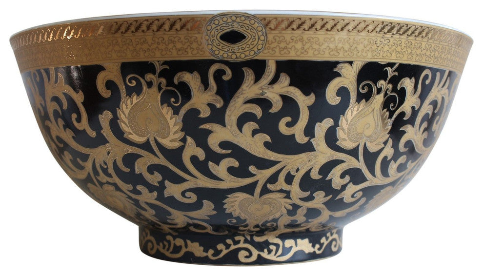 Chinese Black and Gold Tapestry Motif Porcelain Bowl With Base 14"