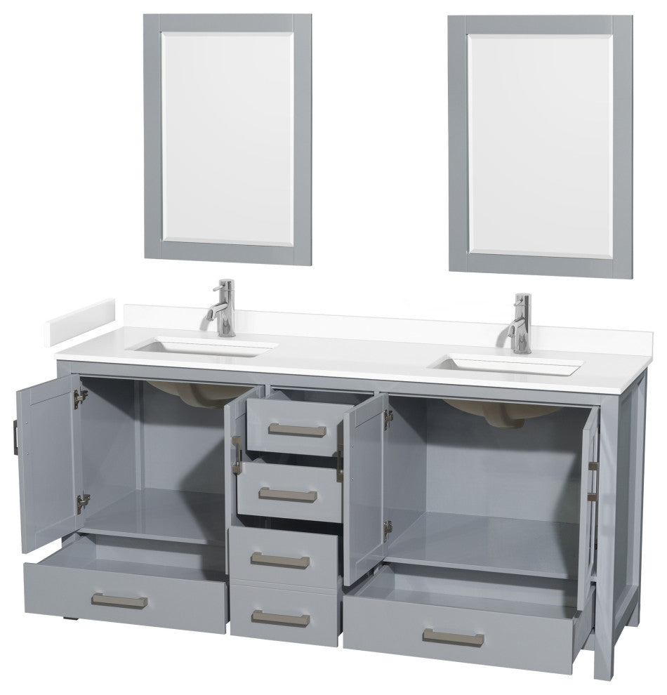 72"DBL Bathroom Vanity Gray, White Cult. Marble Countertop, Sinks, 24" Mirrors