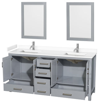 72"DBL Bathroom Vanity Gray, White Cult. Marble Countertop, Sinks, 24" Mirrors
