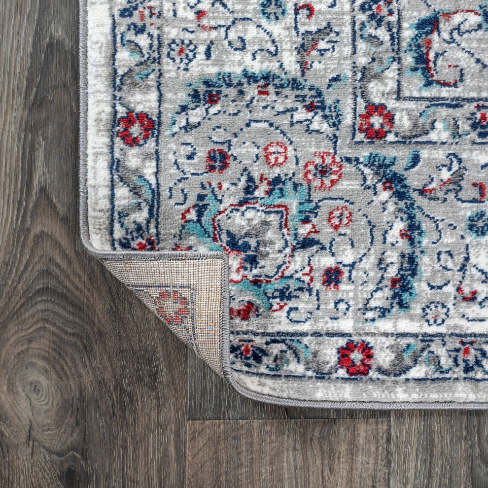 Modern Persian Vintage Medallion Light Grey/Red 6' Round Area Rug
