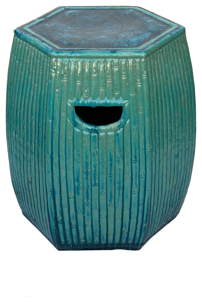 Hexagon Bamboo Theme Turquoise Green Ceramic Clay Garden Stool Hws3557