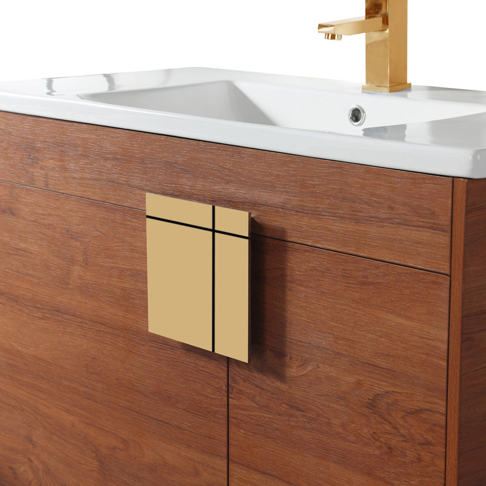 Modern Wallnut Bathroom Vanity Set, Satin Brass Hardware, Vireous China Sink Top