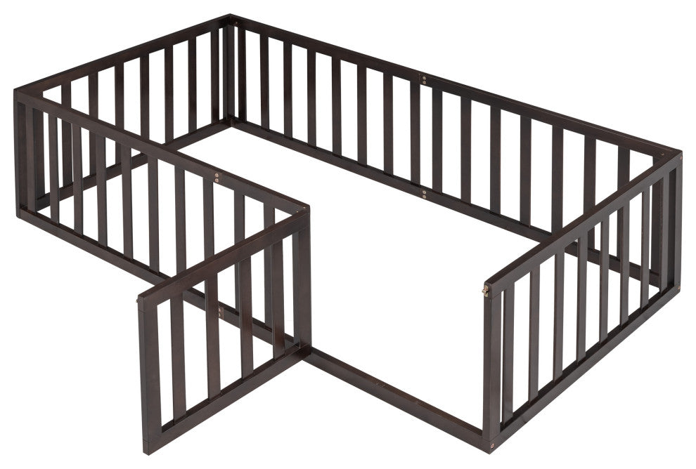 TATEUS Stylish and Versatile Floor Bed for Kids"™Bedroom Fences, Walnut, Twin