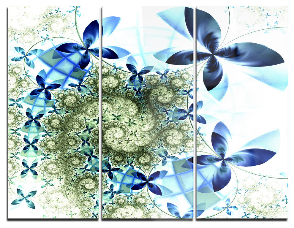 "Blue and Green Fractal Flowers" Digital Metal Wall Art, 3 Panels, 36"x28"