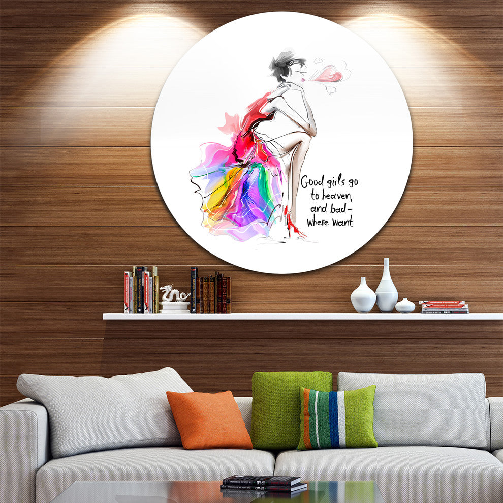 Pretty Fashion Girl Pink, Portrait Digital Art Disc Metal Wall Art, 36"