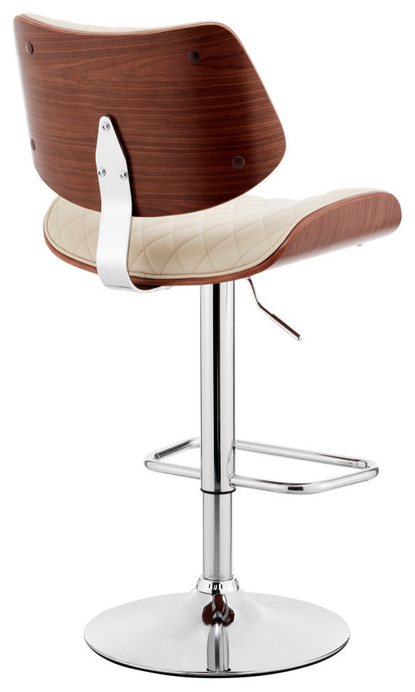 Leland Adjustable Faux Leather and Metal Bar Stool, Cream and Chrome