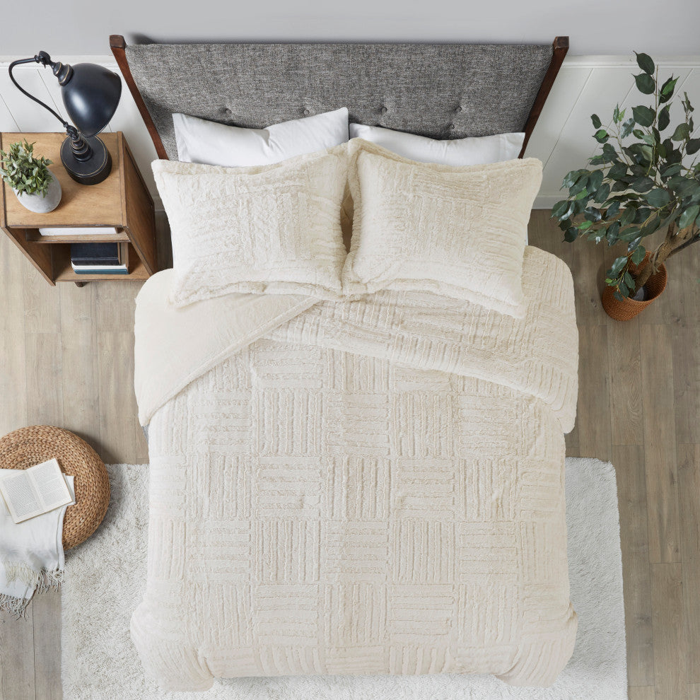 Madison Park Checkboard Brushed Long Fur Comforter Mini Set, Ivory, Twin