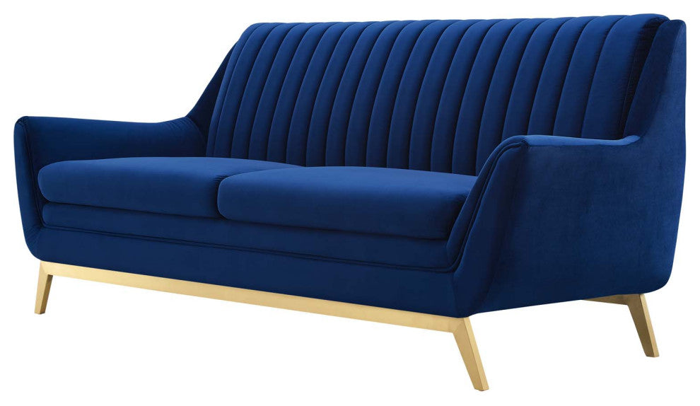 Tufted Sofa, Velvet, Blue Navy, Modern, Living Lounge Hotel Lobby Hospitality