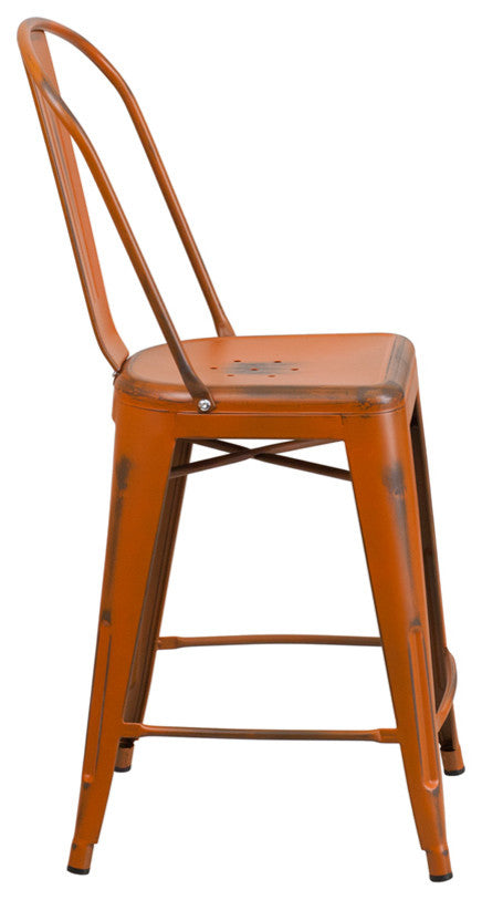 Brimmes 24" Metal Counter Stool Distressed Orange With Curved Vertical Slat