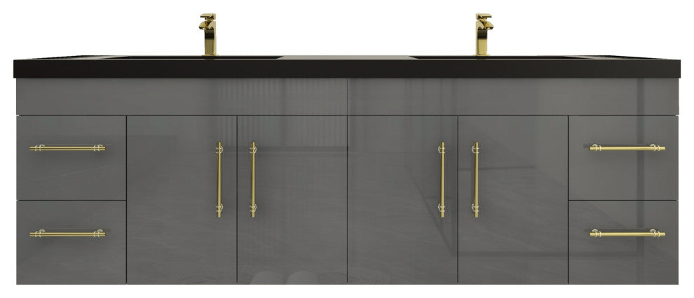 Rosa 72" Wall Mounted Modern Vanity, High Gloss Gray, Matt Black Top