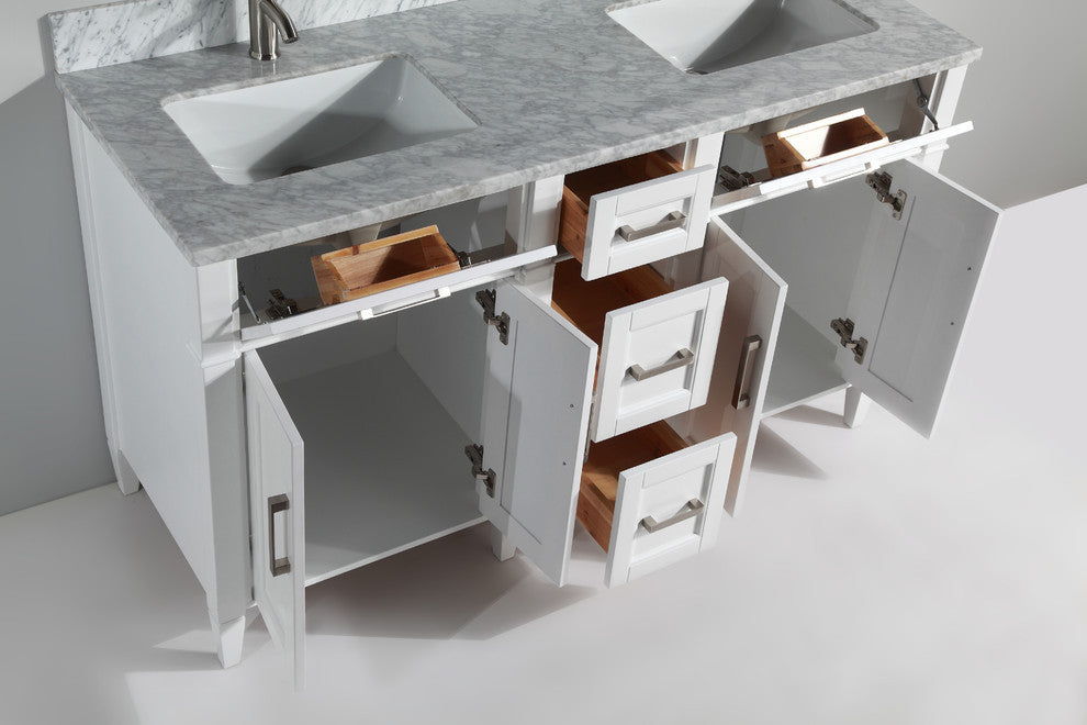 Vanity Set With Carrara Marble Top, 60", White, Standard Mirror