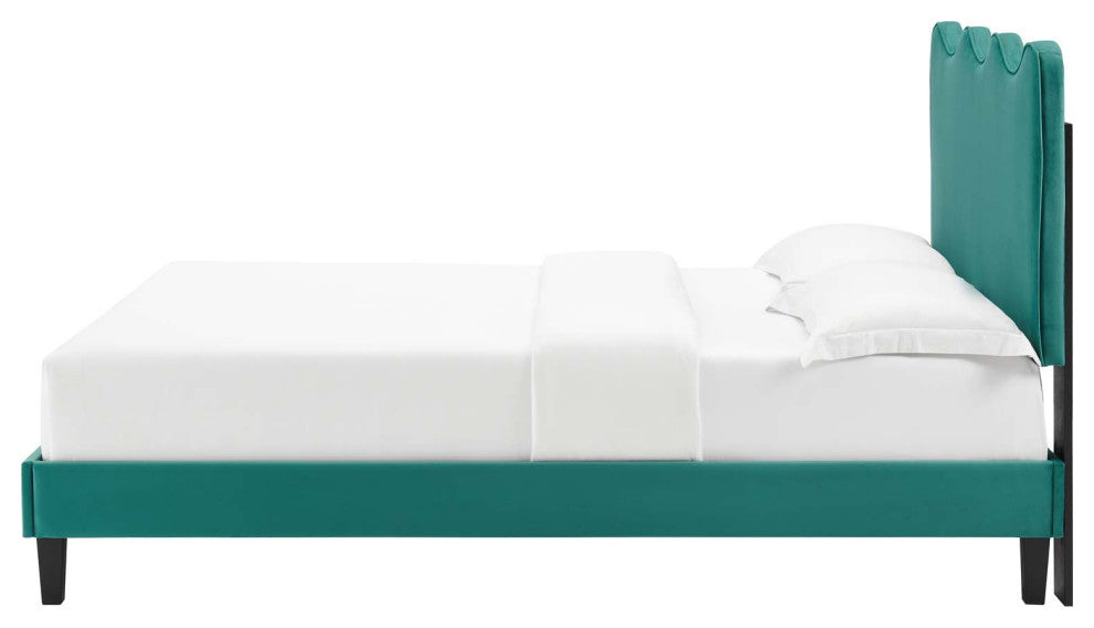 Platform Bed Frame, King Size, Teal Blue, Velvet, Modern, Bedroom Guest Suite