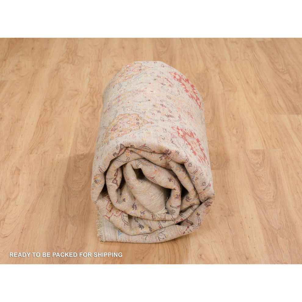 Beige, THE SUNSET ROSETTES, Hand Knotted Wool And Pure Silk, Rug, 8'2"x10'2"