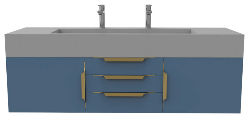 CastelloUSA Nile 60" Wall Mounted Vanity Set, Blue, Gray Top, Gold Handles