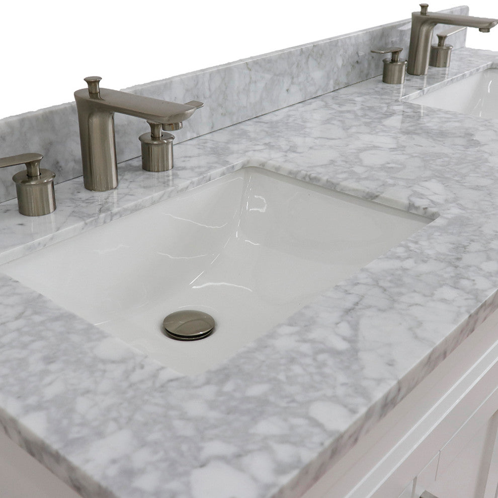 61" Double Sink Vanity, White Finish And White Carrara Marble