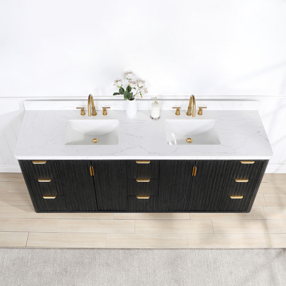 Vinnova Cadiz Bath Vanity, Composite Stone Top, Black, 84", No Mirror