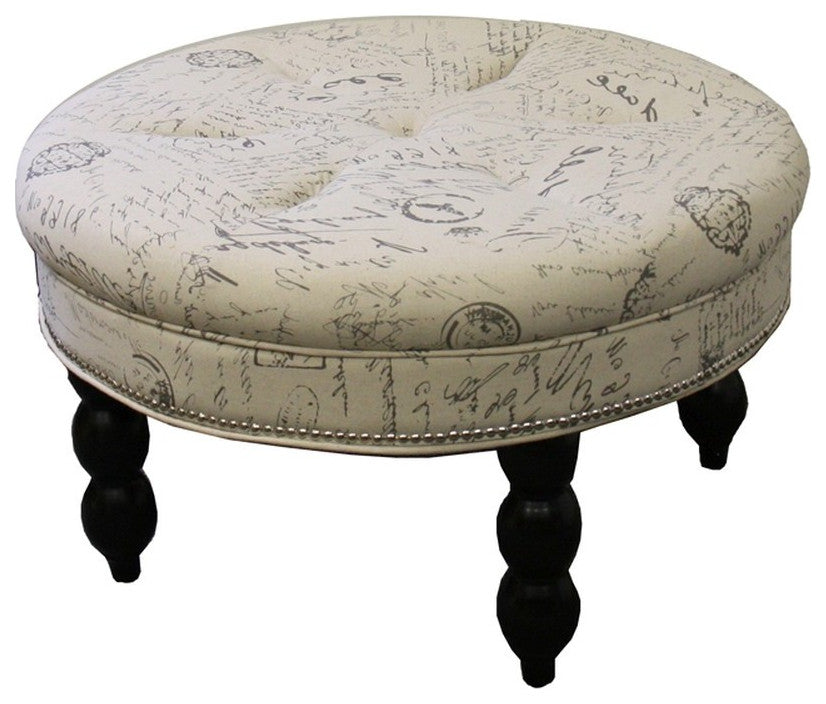 Vintage Look Postcard Print Round Ottoman