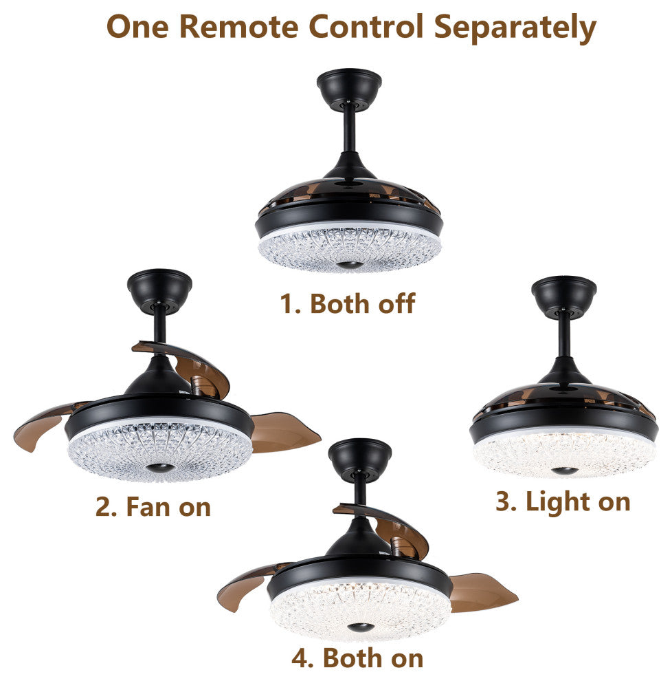 36" LED Retractable Ceiling Fan With Light Kit and Remote Control Included, Black