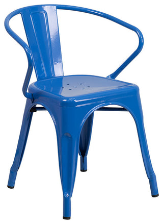 Commercial 31.5"x63" Blue Metal Indoor-Outdoor Table Set, 6 Arm Chairs