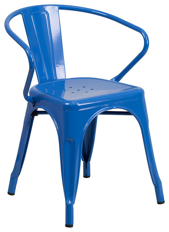 Commercial 31.5"x63" Blue Metal Indoor-Outdoor Table Set, 6 Arm Chairs