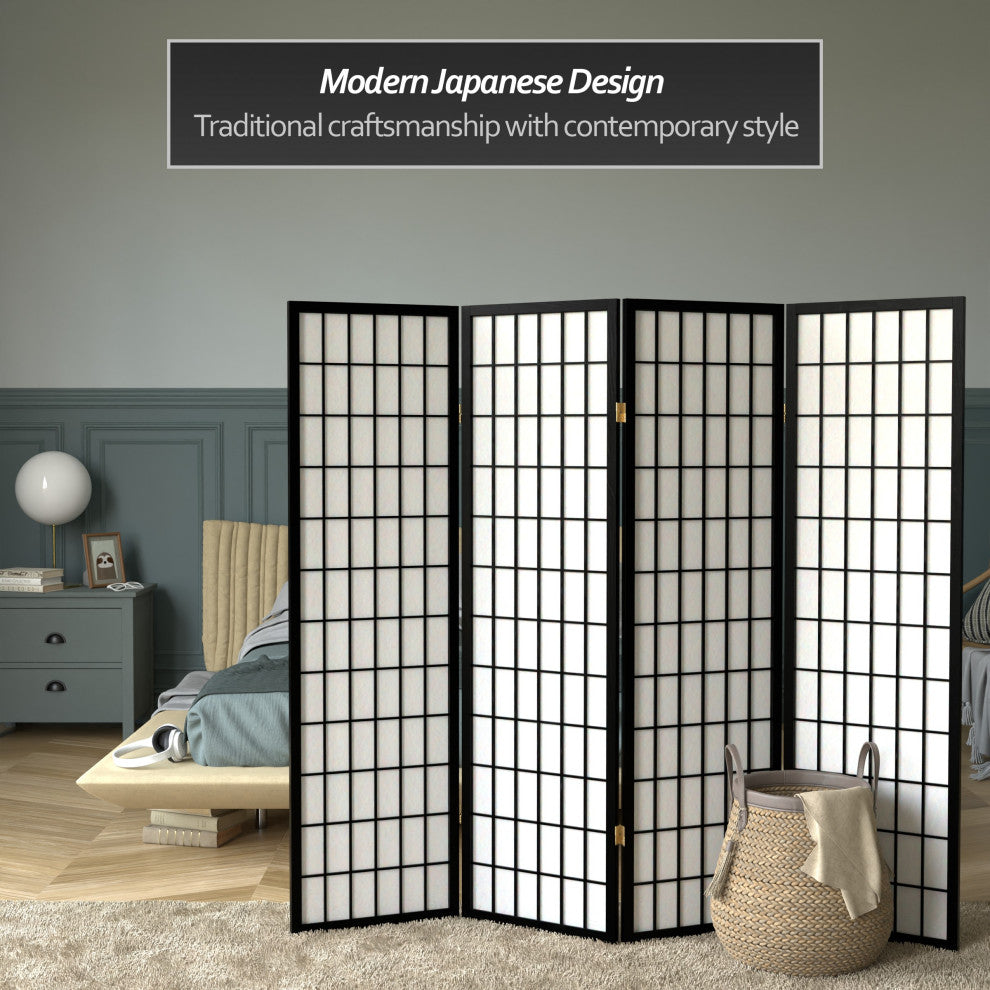 5' Tall Window Pane Shoji Screen, Black, 4 Panels
