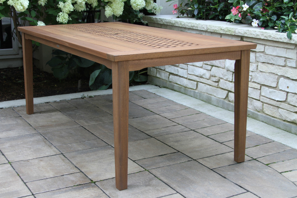 7 Person Checkerboard Dining Table With Eucalyptus Stacking Chairs