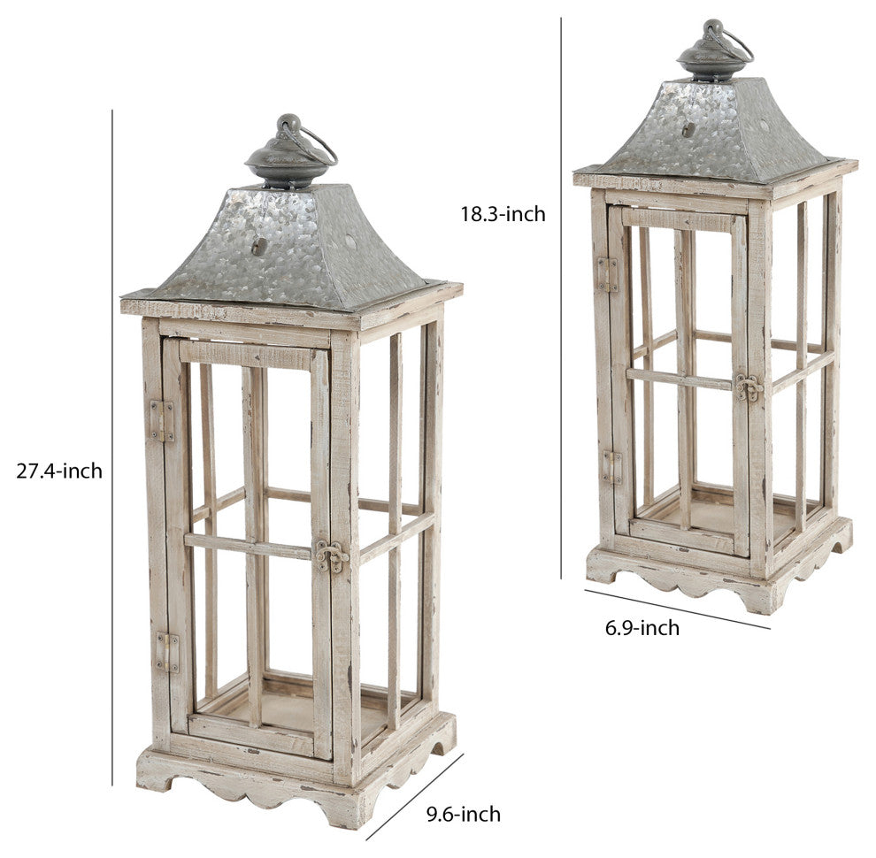 Benzara Wood & Metal Lanterns With Window Pane Design, White, 2-Piece Set