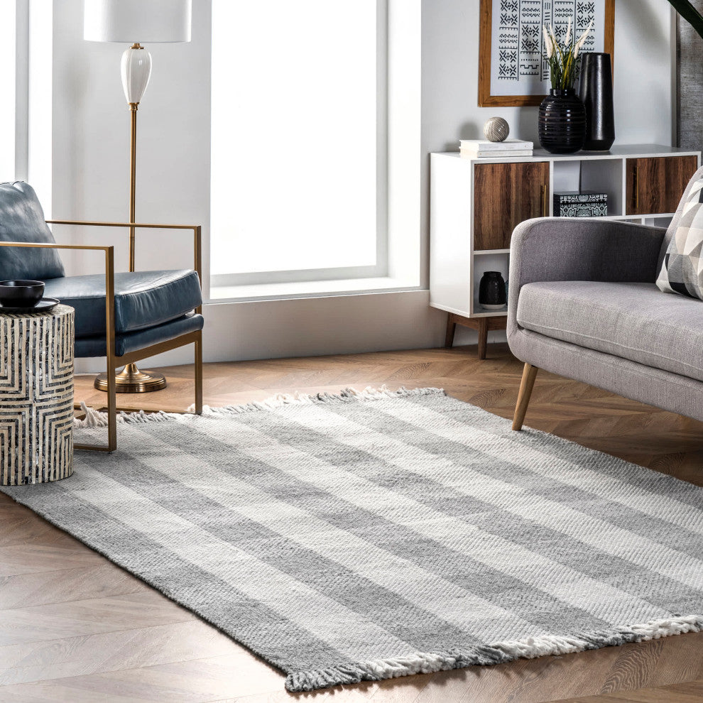 Nuloom Hand Woven Ellis Farmhouse Plaid Fringe Striped Area Rug, Grey 6'x9'