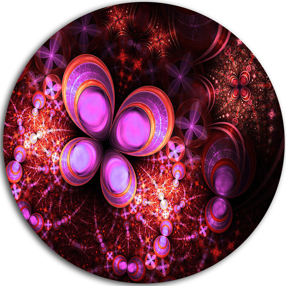Glowing Purple Pink Fractal Flower, Floral Disc Metal Artwork, 36"