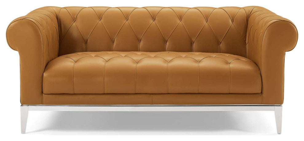 Modern Designer Living Room Lounge Club Lobby Loveseat Sofa, Leather, Tan Brown