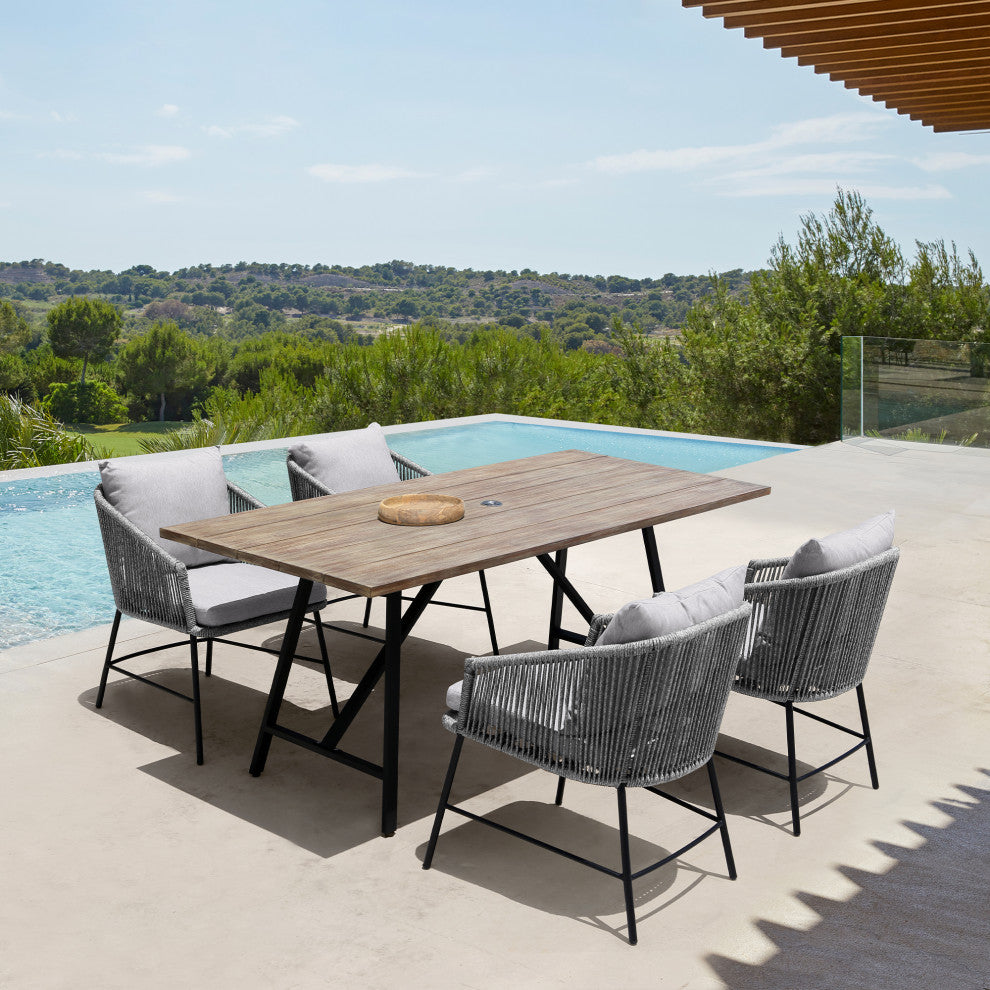 Calica Outdoor Patio Dining Chair, Black Metal And Gray Rope