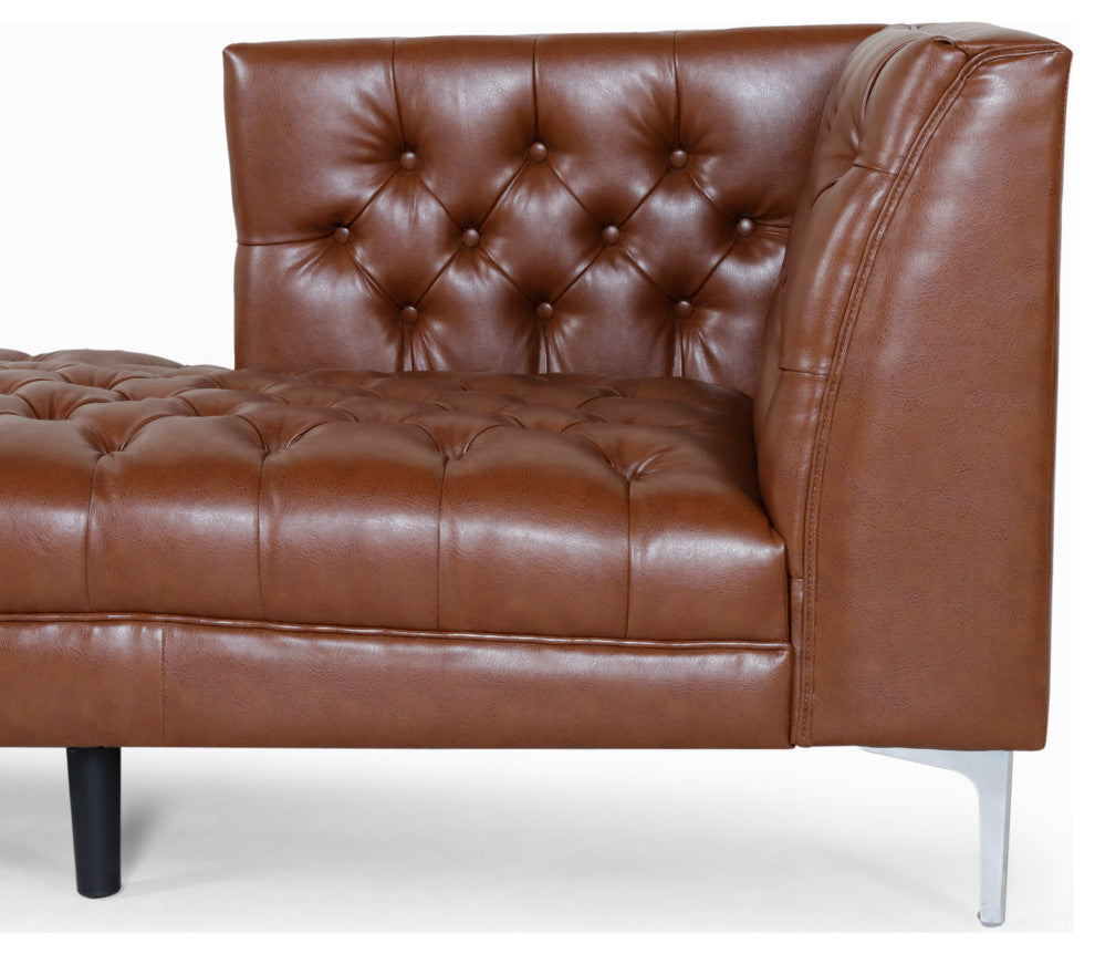 Bluffton Contemporary Tufted One Armed Chaise Lounge, Cognac + Silver