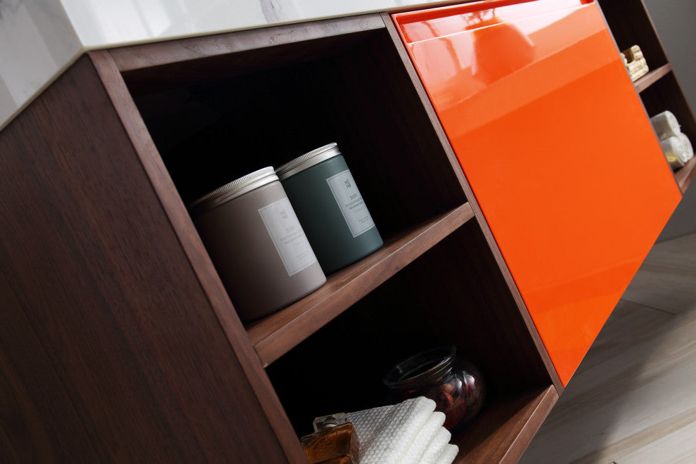Manarola Red Amber with Thick Quartz Wall Mount Vanity, Open Shelf, 60"