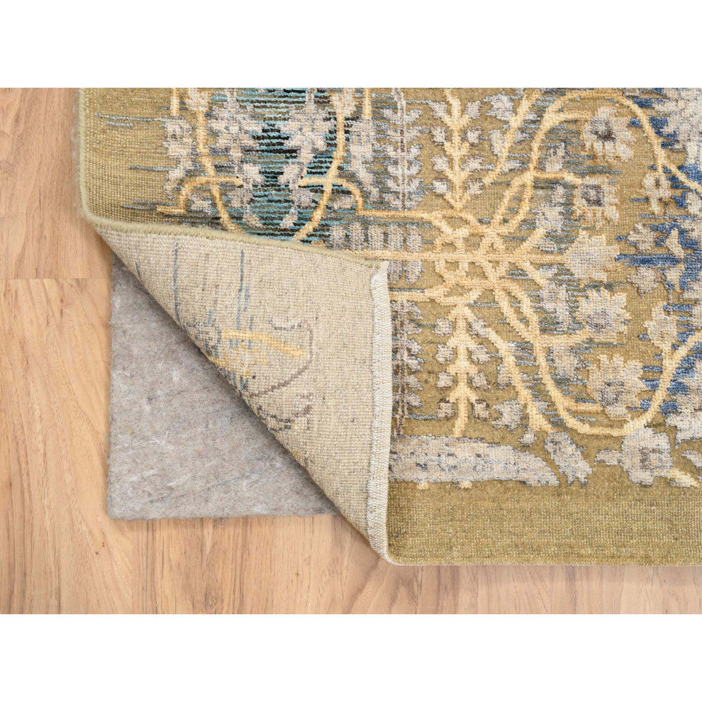 Honey Brown, Silk With Textured Wool, Hand Knotted, Runner, Rug, 4'0" x 12'0"