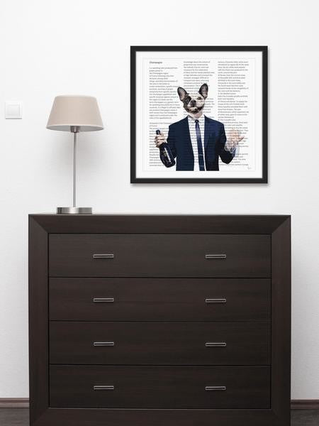 "Frenchie With Wine Bottle" Framed Painting Print, 24"x24"