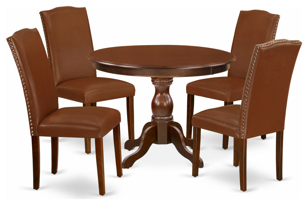 5 Pc Dining Set, Mahogany Round Table, 4 Brown Faux Leather Parson Chairs