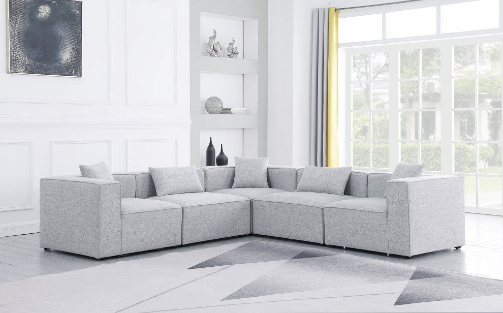 Cube Upholstered Modular Sectional, Gray, 5-Piece: 2 Armless Chair, 3 Corner Chair, Linen Texured Fabric