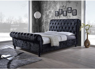 Castello Velvet Upholstered Faux Crystal-ButToned Sleigh Queen Platform Bed