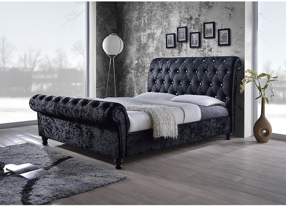Castello Velvet Upholstered Faux Crystal-ButToned Sleigh Queen Platform Bed