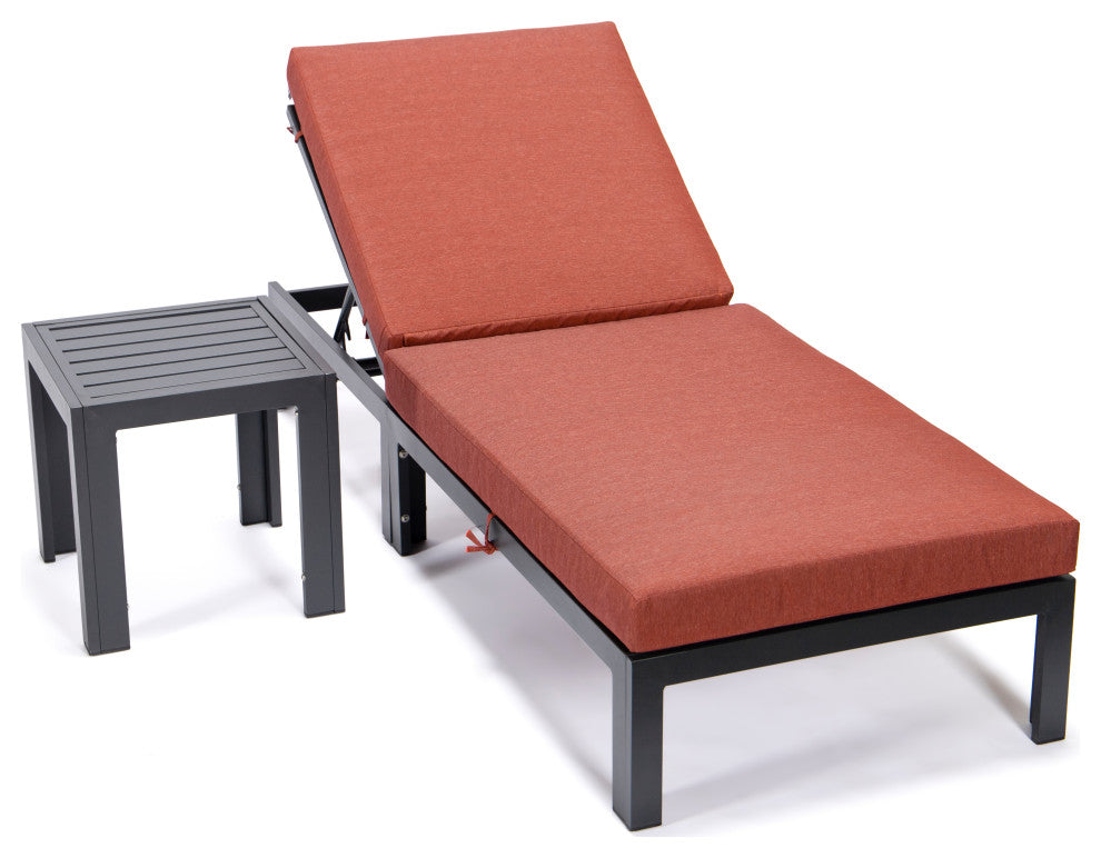 LeisureMod Chelsea Chaise Lounge Chair With Cushions & Side Table, Orange