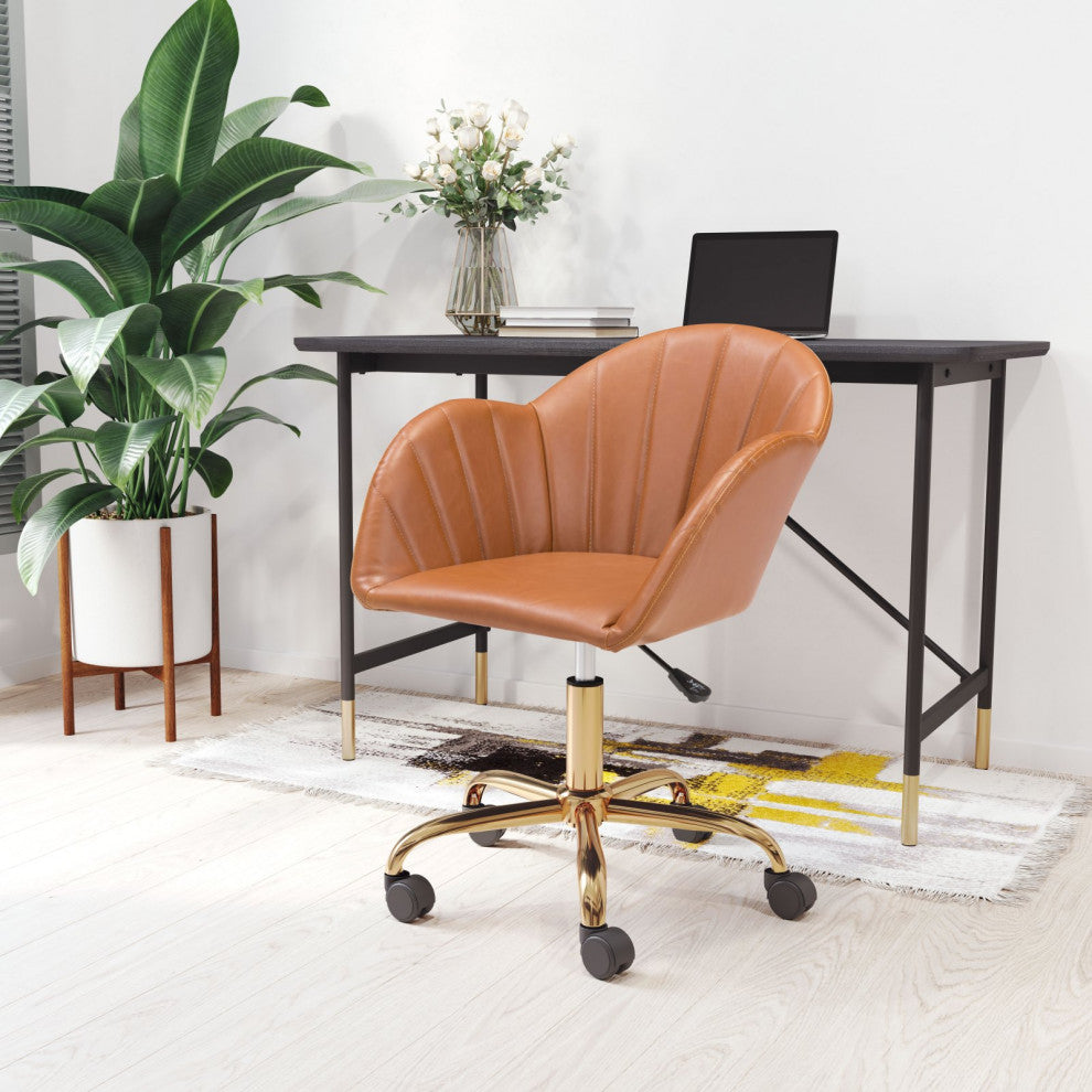 Computer Work Chair, Faux Vinyl Leather, Steel, Tan, Gold, Home Business Office