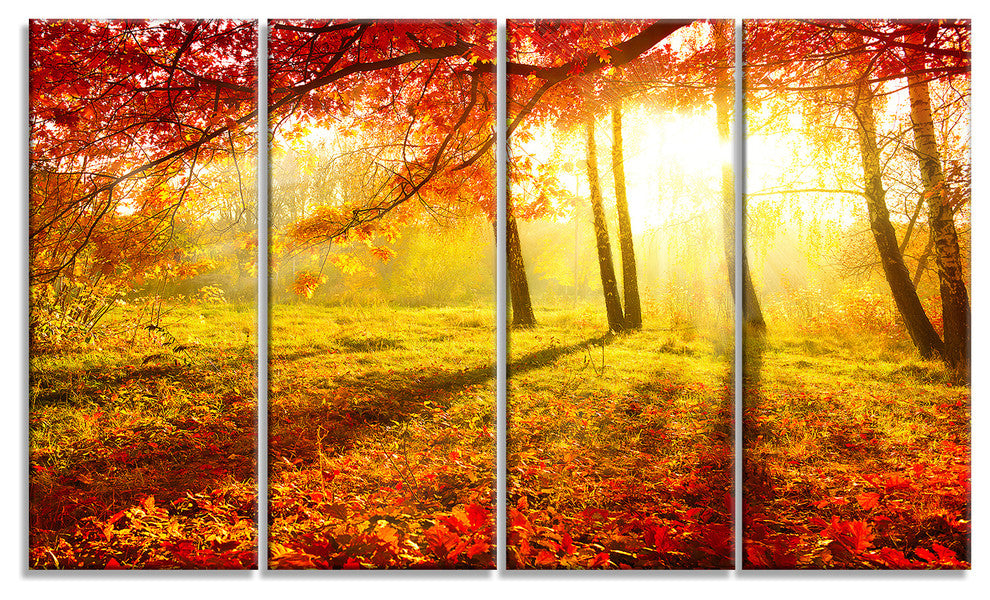 Yellow Red Fall Trees and Leaves, Landscape Canvas Art Print, 48"x28", 4 Panels