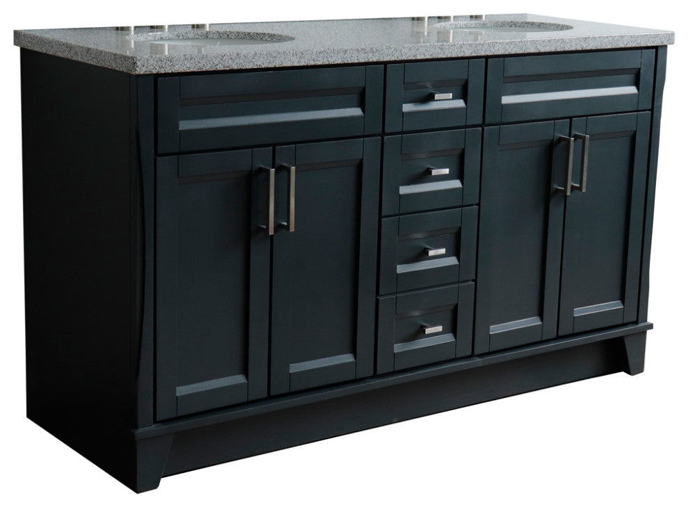 61" Double Sink Vanity, Dark Gray Finish And Gray Granite And Oval Sink