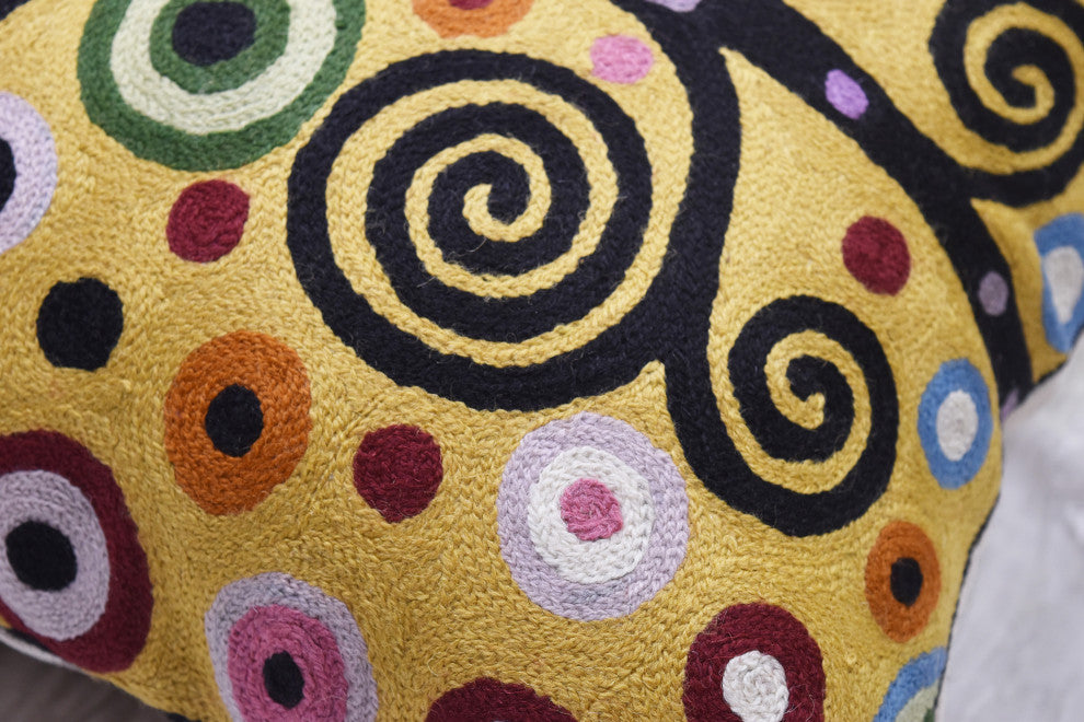 Klimt Yellow Pillow Cover Chair Soulful Tree of Life Hand Embroidered Wool 18x18