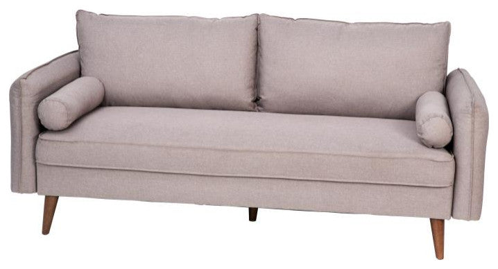 Evie Mid-Century Modern Sofa With Fabric Upholstery and Solid Wood Legs, Taupe