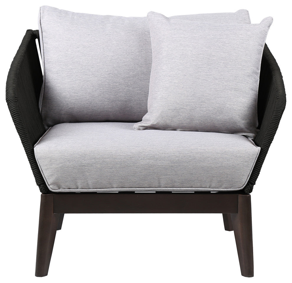 Athos Outdoor Club Chair With Latte Rope and Gray Cushions, Dark Eucalyptus