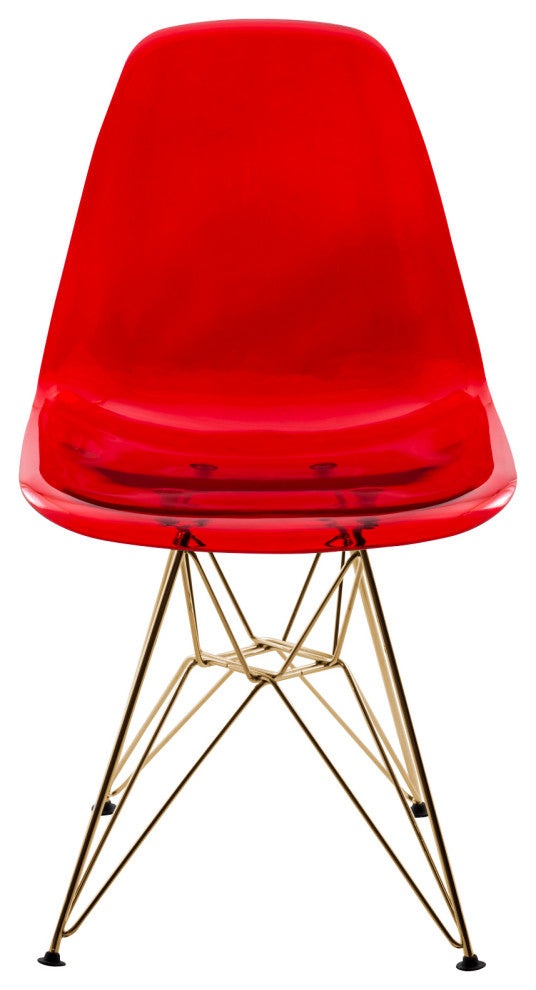 Dining Chair with ABS Plastic Seats Side Chair in Gold Chrome, Transparent Red
