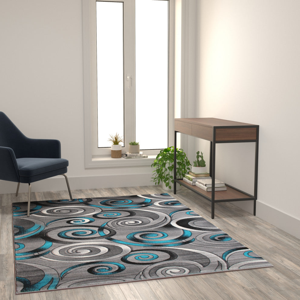 Angie Collection Rectangle 5' x 7' Turquoise Swirl Area Rug