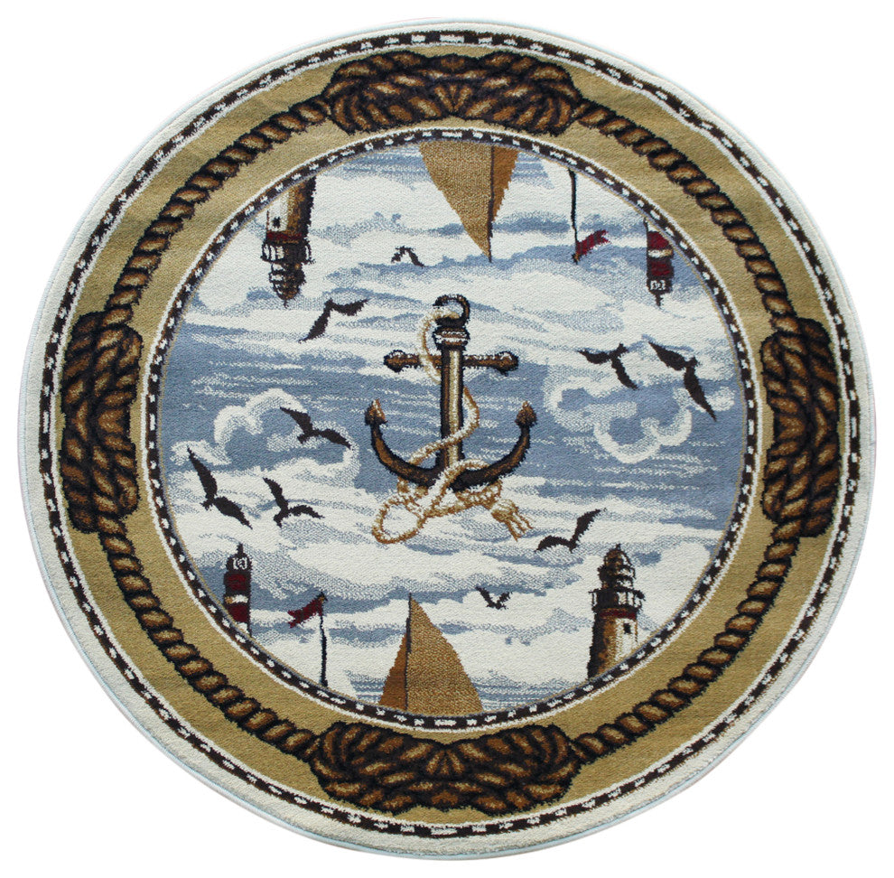 Angie Collection Round 4' x 4' Beige Nautical Themed Area Rug